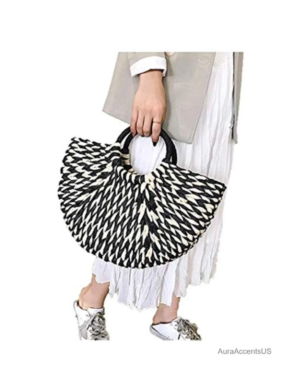 Natural Straw Handwoven Top Handle Tote Beach Bag Rattan Handbag